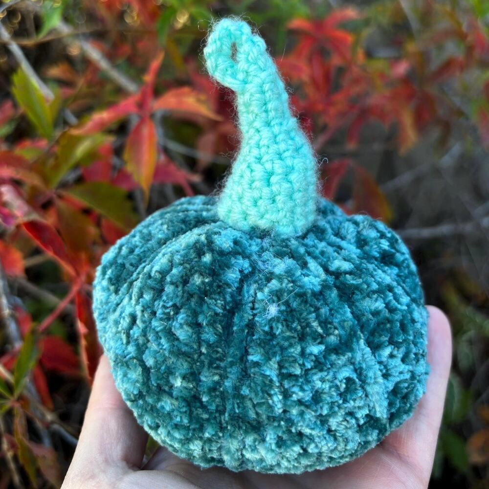 Handmade Velvet Pillow, Teal Pumpkin Plushie, Cottagecore Home Decor